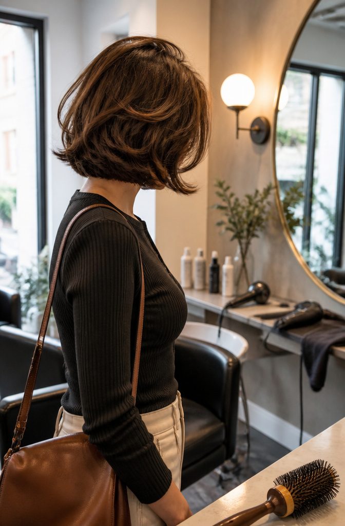 Voluminous bob with lifted roots and jaw-length face-framing layers
