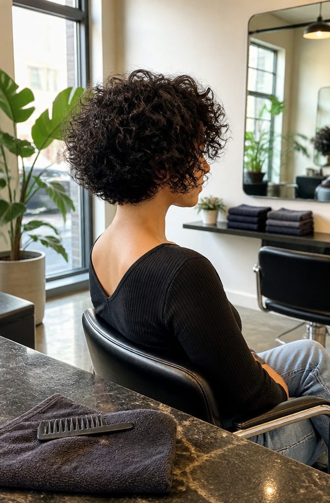 Short curly hairstyle with natural bends framing the temples