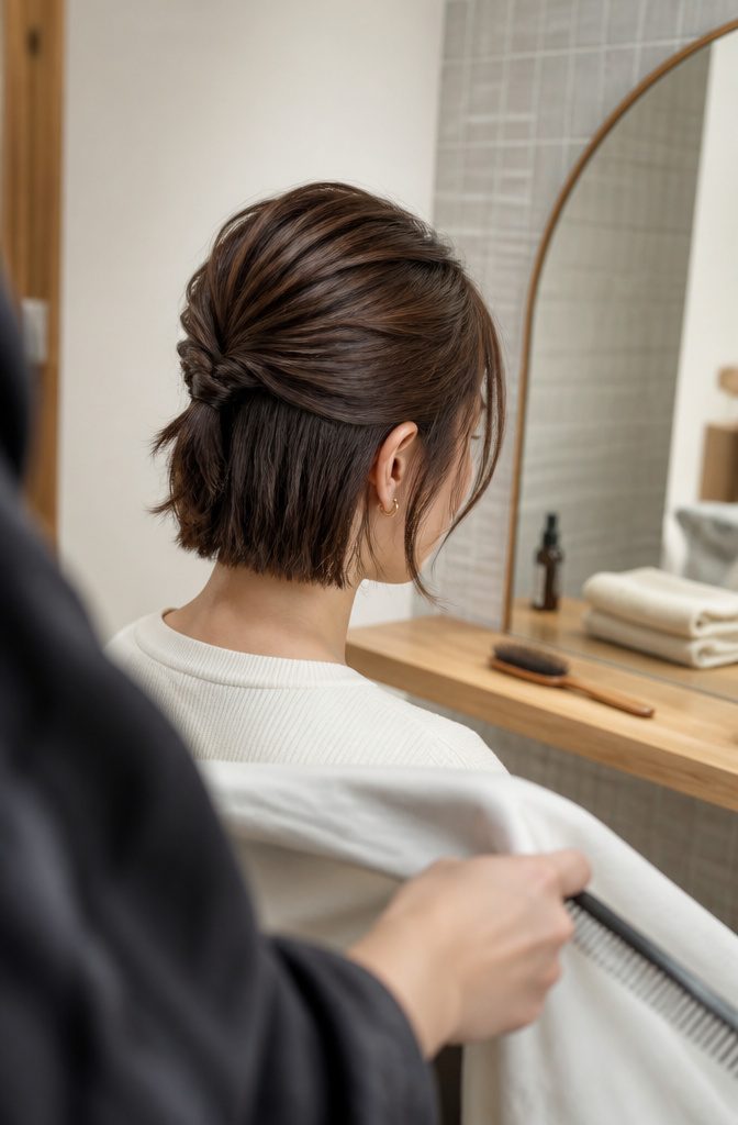 Chestnut half-up hairstyle with loose pieces around the cheeks