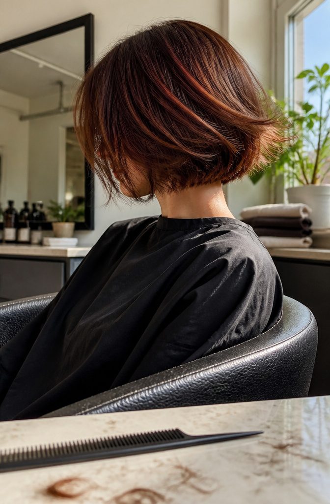 French bob with wispy feathered layers around the face