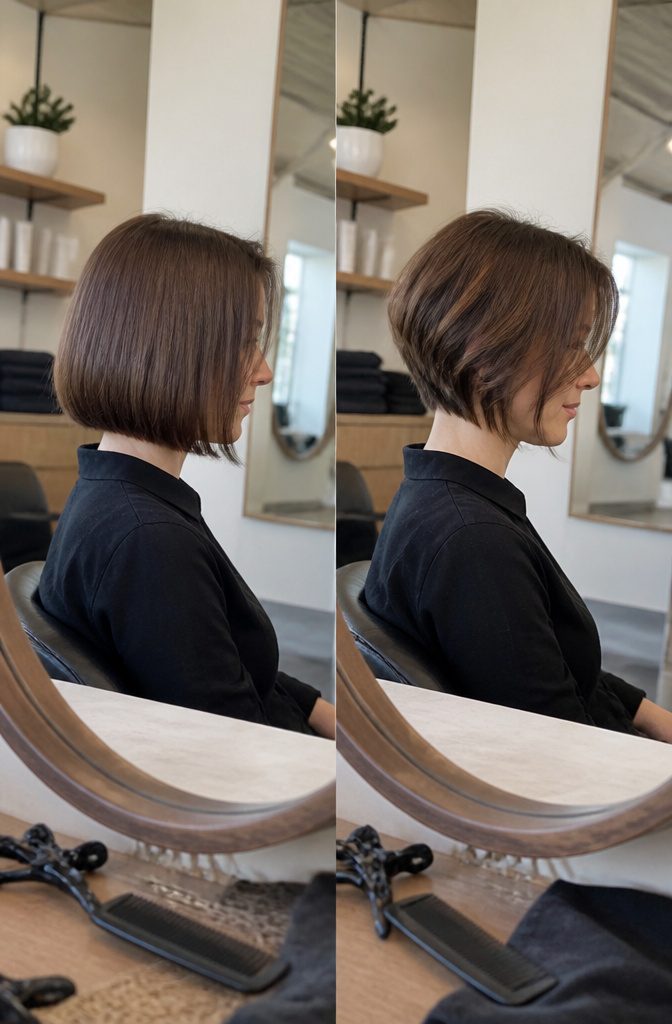 Short layered haircut with pieces curving around the face