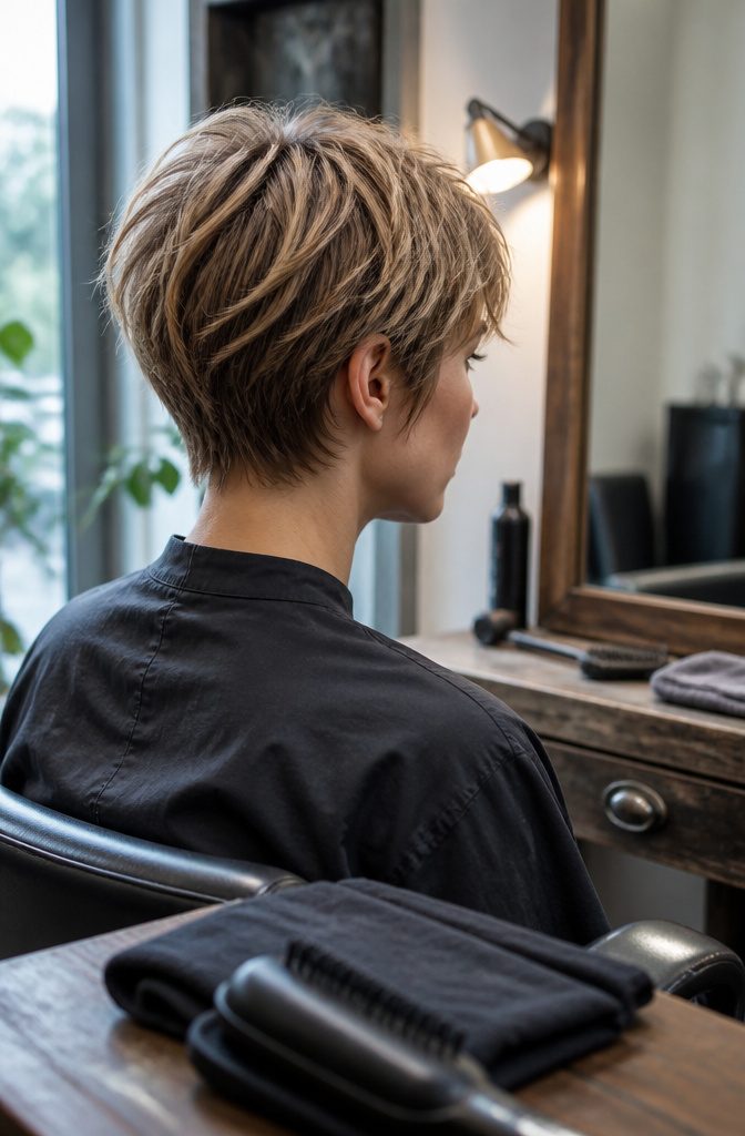 Pixie haircut with wispy bangs and textured layers around ears