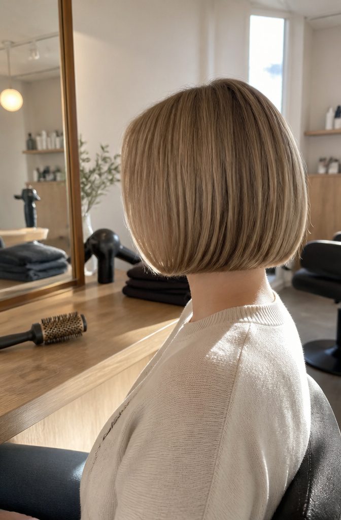 Glossy dark blonde bob with ends curled inward along the jaw