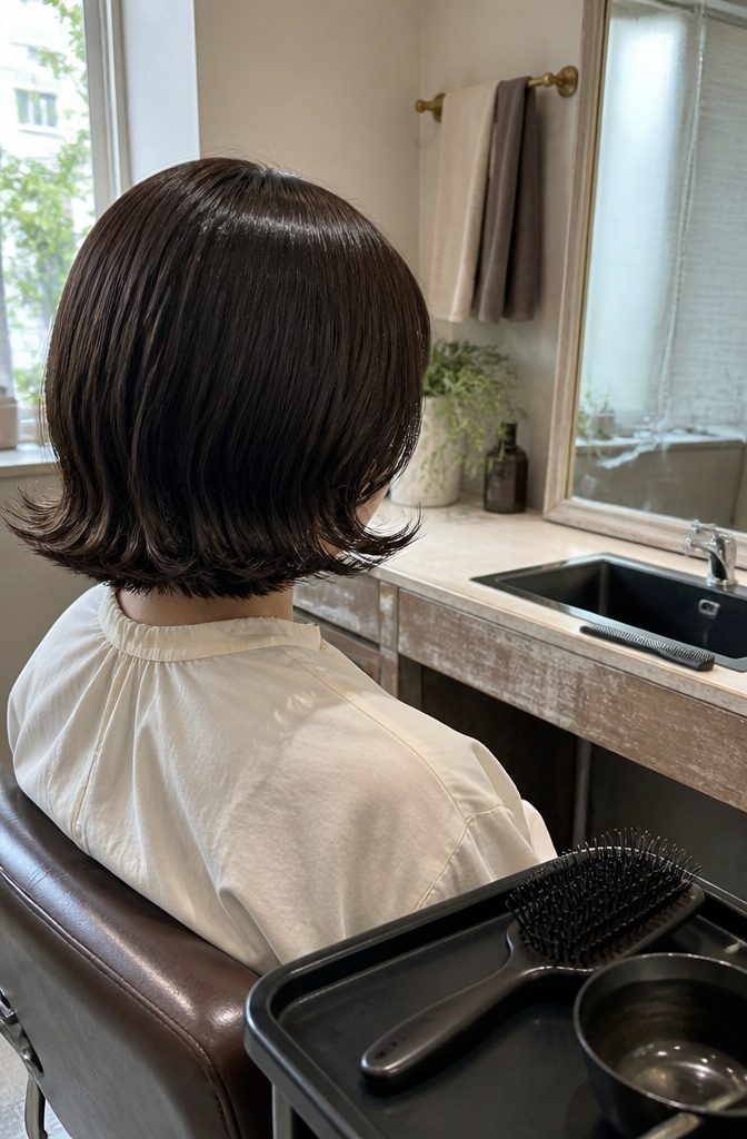 Sleek dark brown short hair with gelled flipped ends