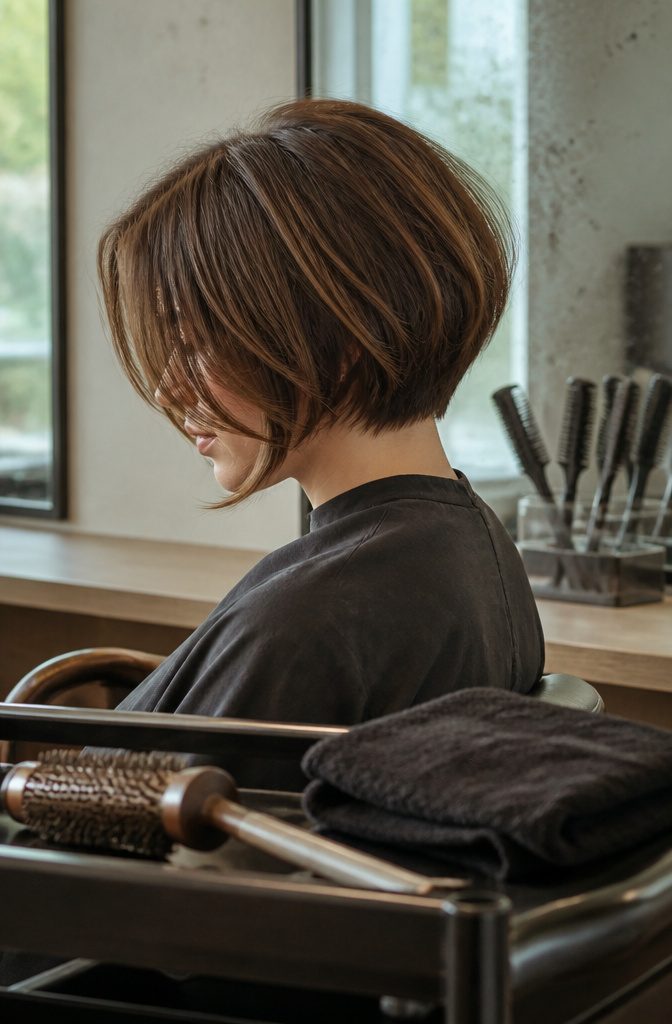 Layered bob with wispy pieces lifting around the jaw
