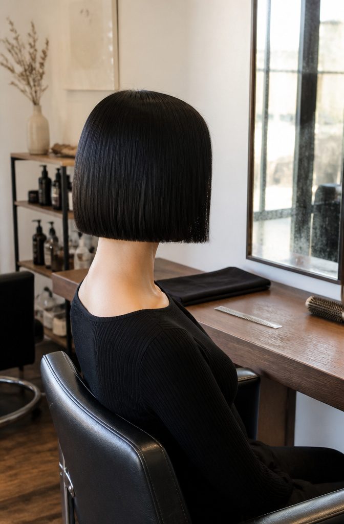 Short blunt haircut ending above the chin with straight edges