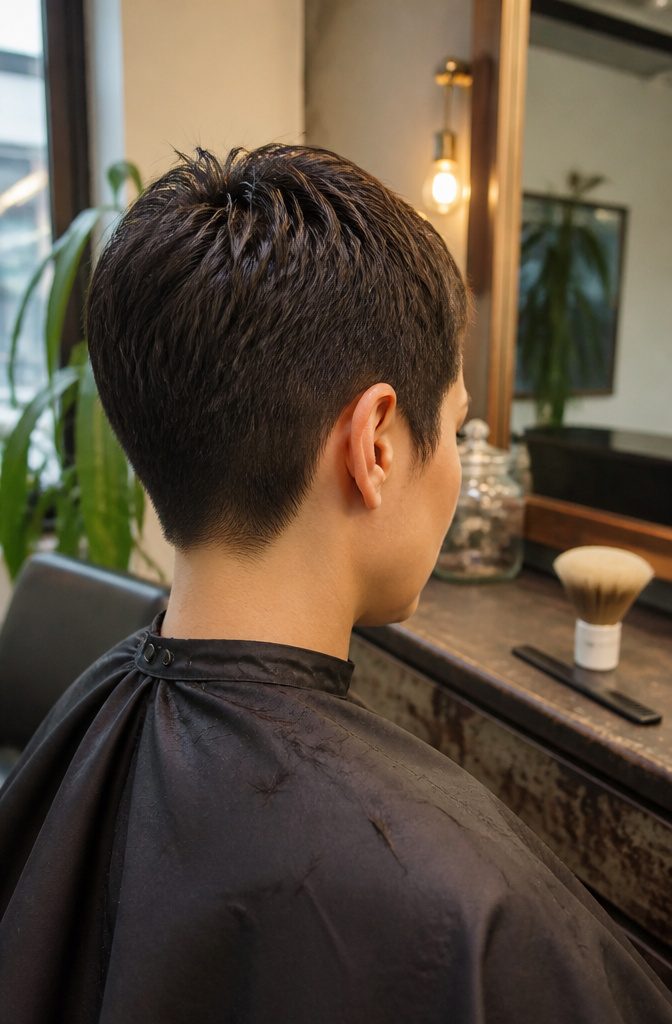 Tightly cropped pixie with close sides and exposed facial contours
