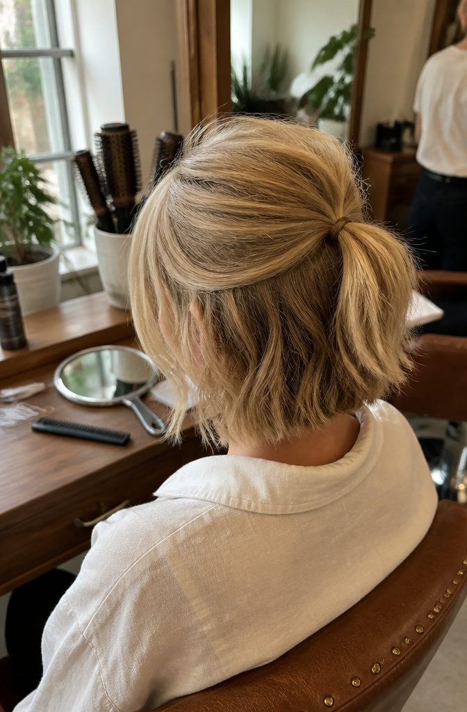 Warm blonde half ponytail with curved cheek-framing fringe