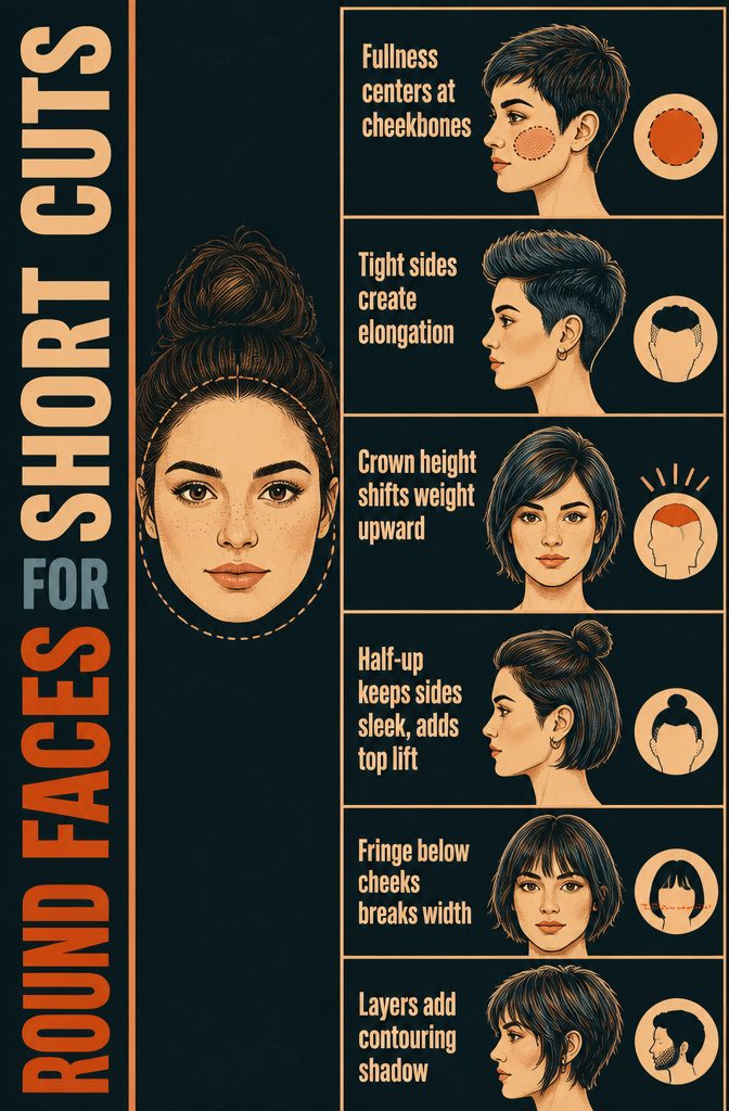 Beauty graphic showing short hairstyles for round faces