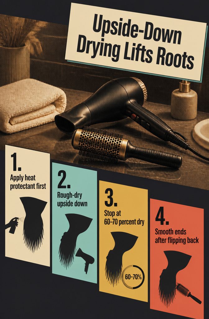 Person blow-drying straight hair upside down