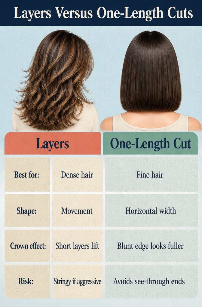 Beauty graphic comparing layered and blunt straight haircuts