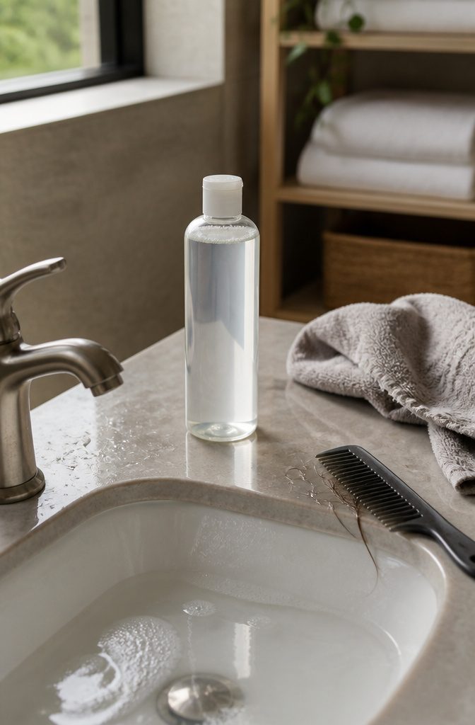 Clear shampoo bottle beside wet basin with pale foam