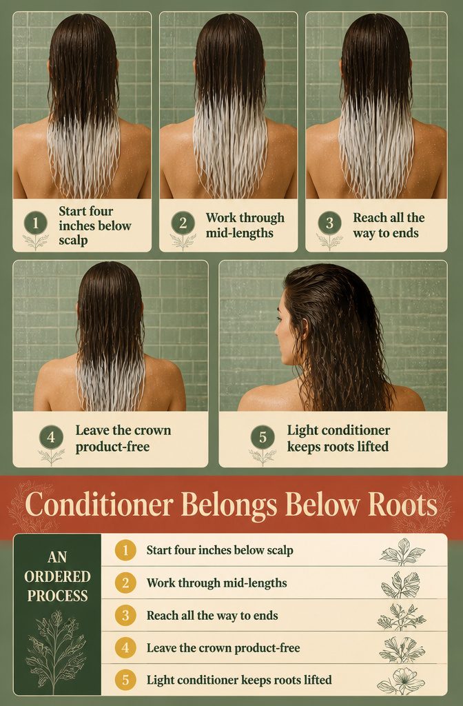 Beauty graphic showing conditioner applied below hair roots