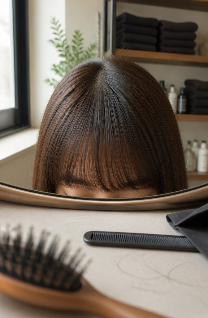 Straight hair with face-framing bangs and full front