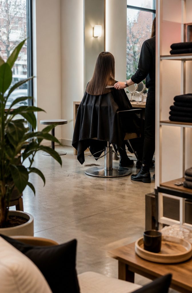Stylist examining client straight hair in salon