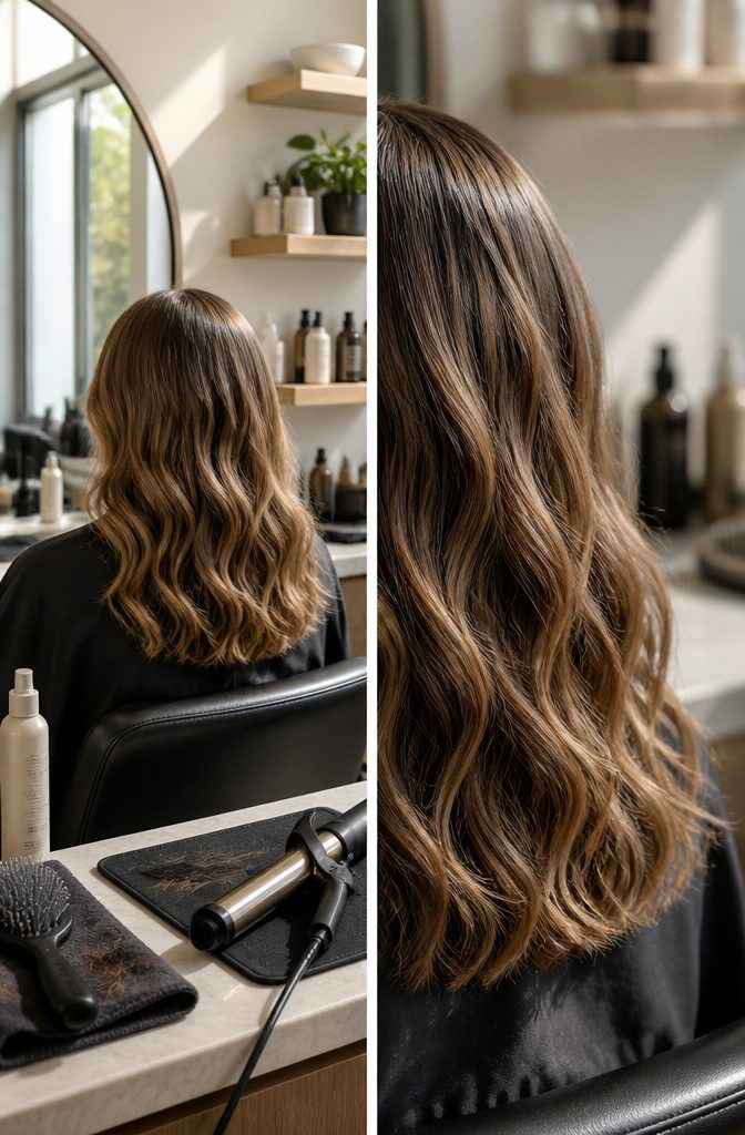 Loose waves created in straight hair with curling tool