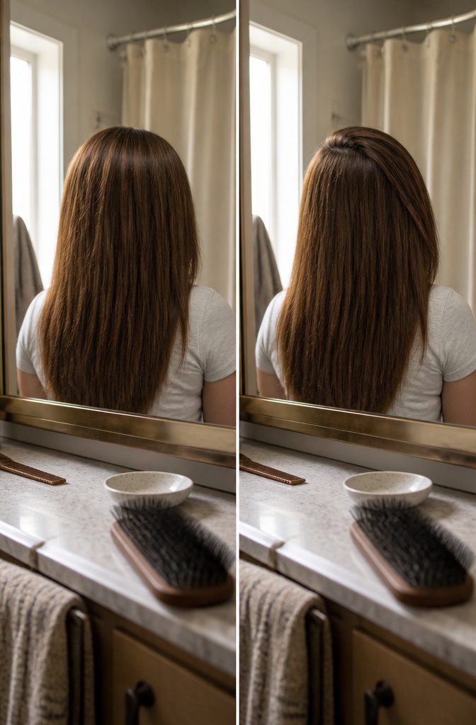 Straight hair with deep side part and lifted roots