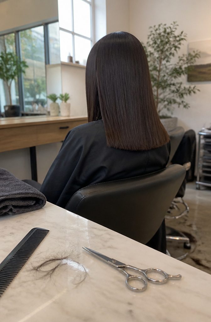 Straight hair with fresh blunt ends beside scissors