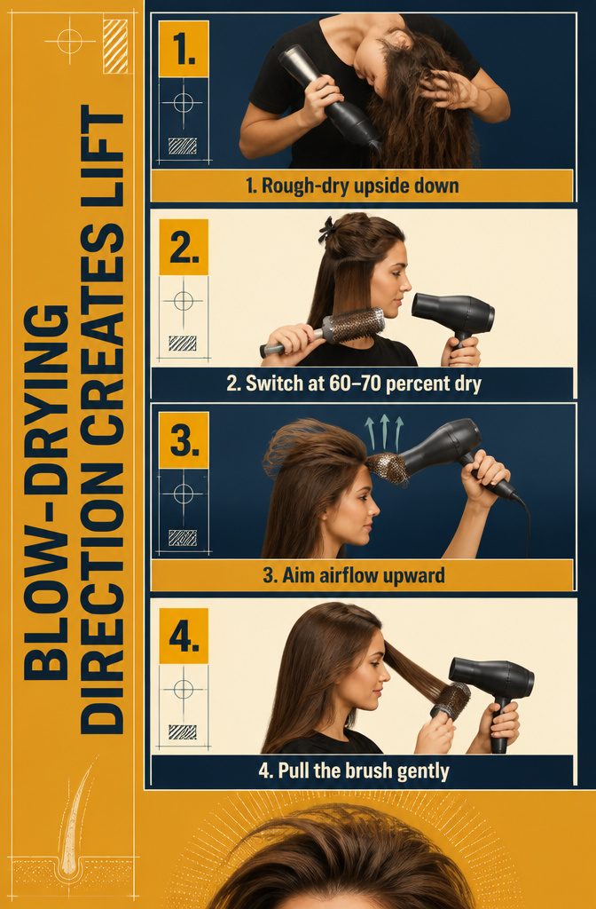 Beauty graphic showing upward blow-drying direction at roots
