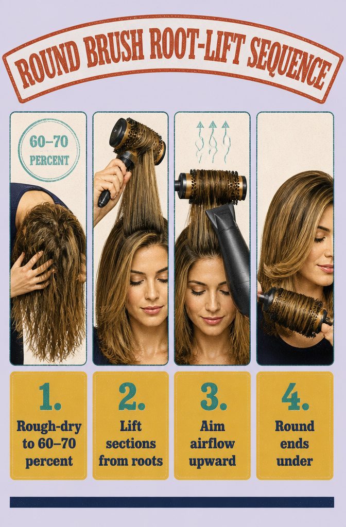 Round brush lifting straight hair roots during blow-drying
