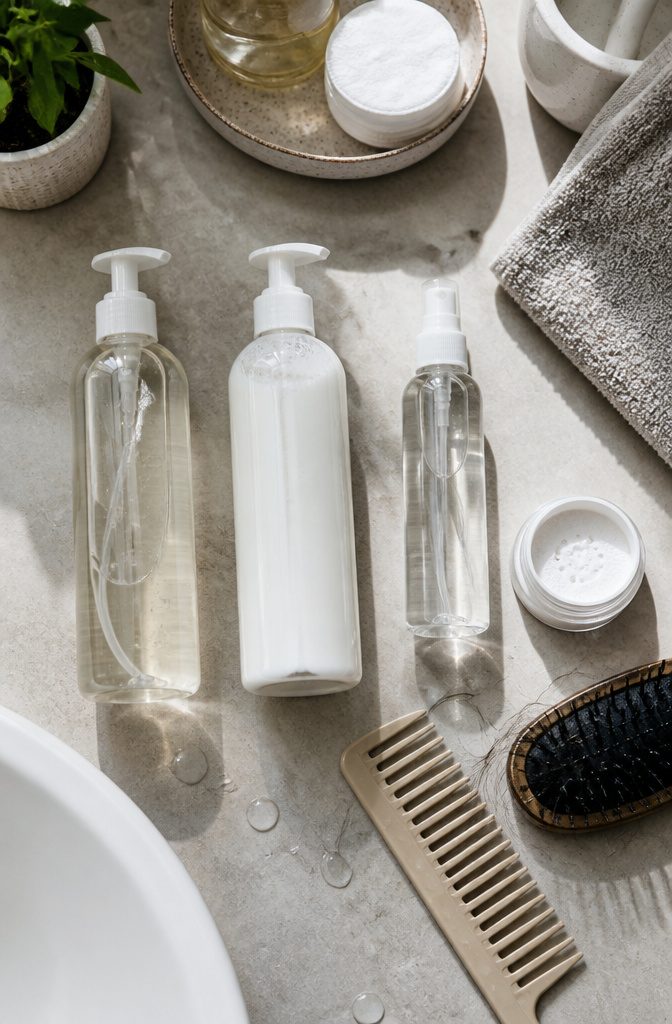 Volumizing shampoo mousse and root spray beside straight hair