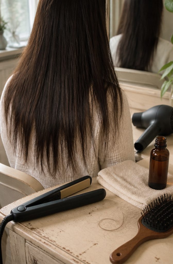 Damaged limp straight hair beside heat tools and protectant