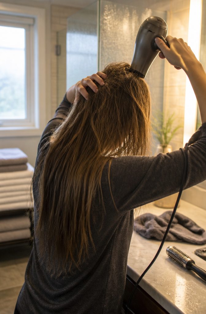 Hands lifting damp roots with blow dryer and no brush