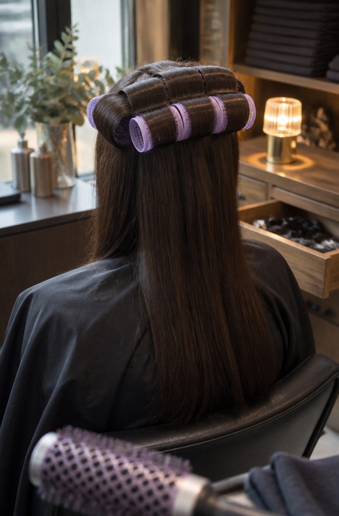 Velcro rollers placed at crown of straight hair