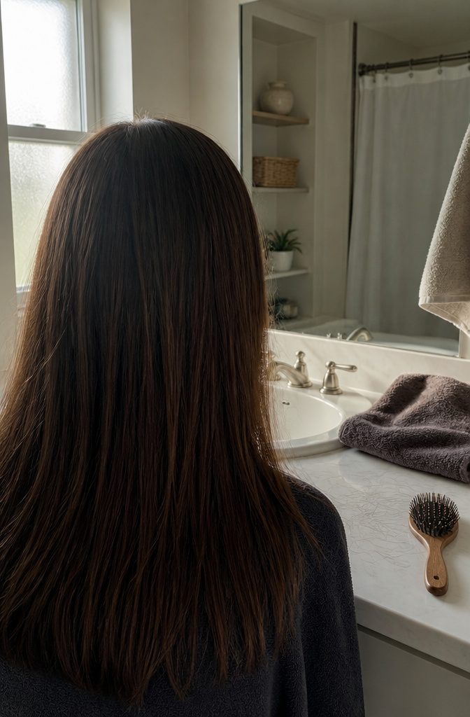 Straight hair viewed from behind near bathroom mirror