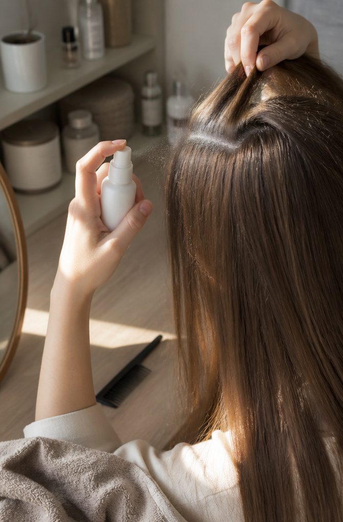 Dry shampoo bottle near straight hair roots