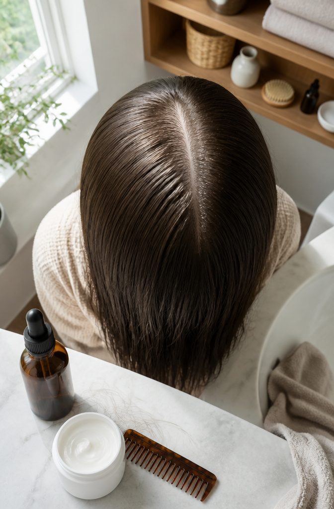 Hair strengthening treatment bottle beside straight hair
