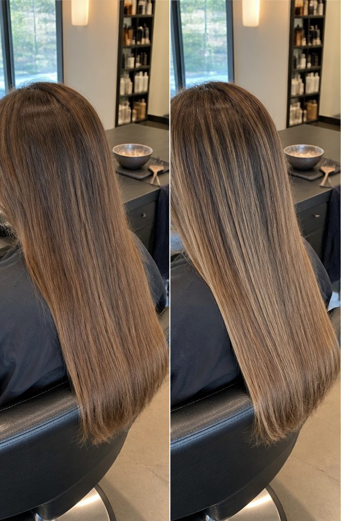Straight hair with highlights and darker roots