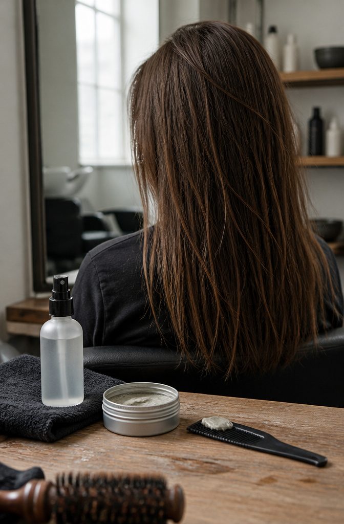 Texturizing spray and styling clay beside straight hair