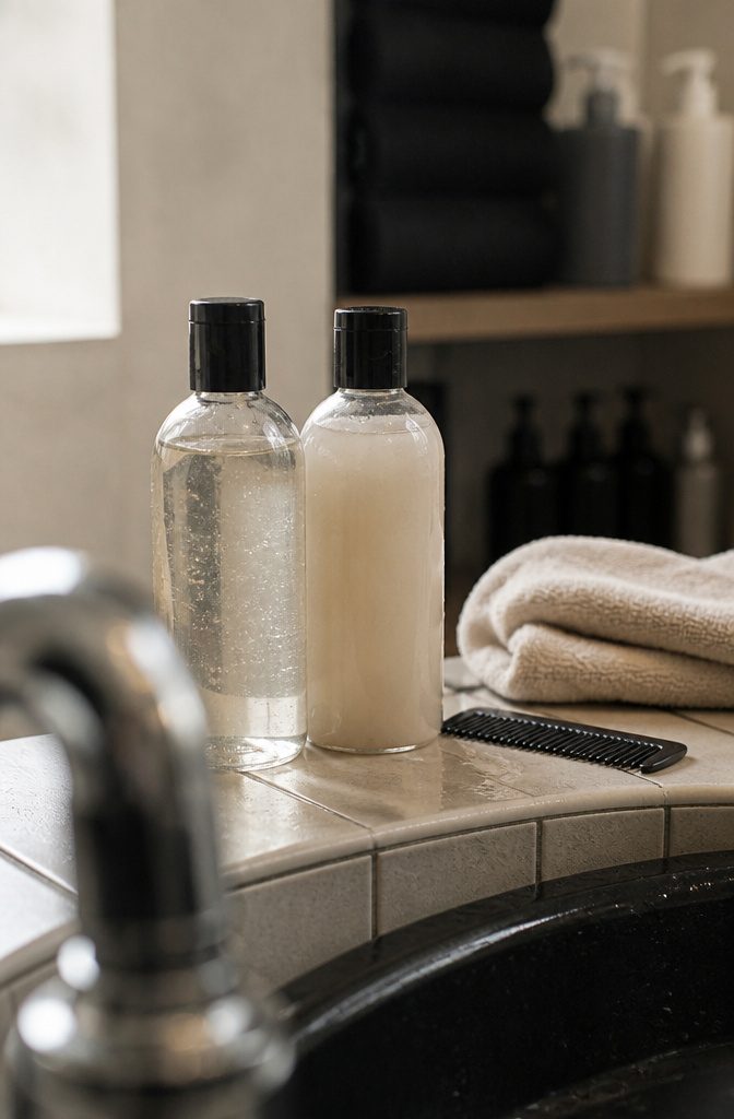 Volumizing shampoo and conditioner bottles beside straight hair
