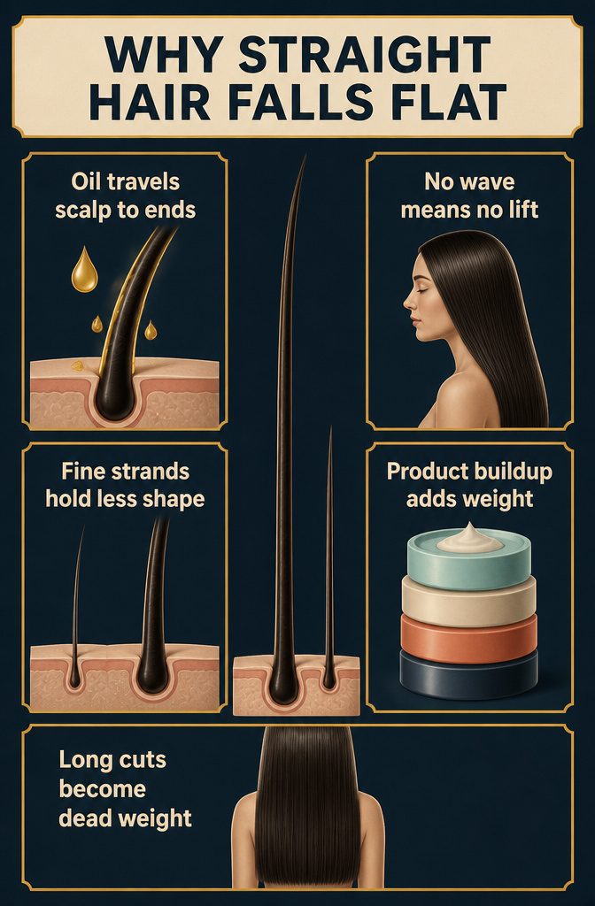 Straight hair lying close against scalp with smooth flat strands
