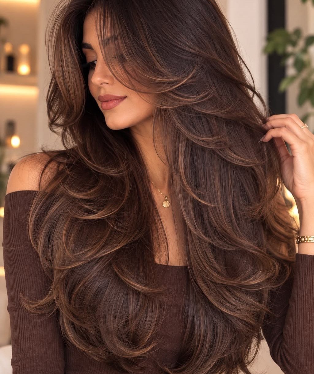 Woman displaying long layered brown flow haircut with voluminous sweeping waves