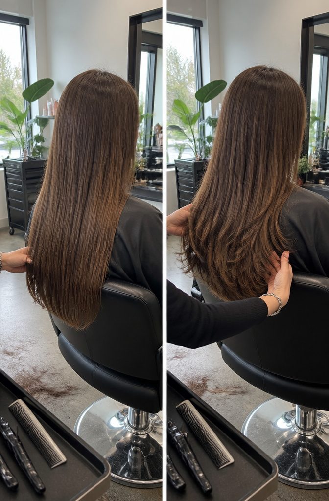 Straight hair cut in long layers with feathered ends