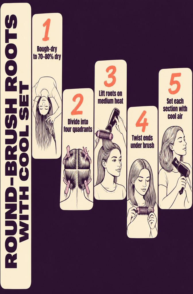 Round brush and blow dryer working at the roots of straight hair