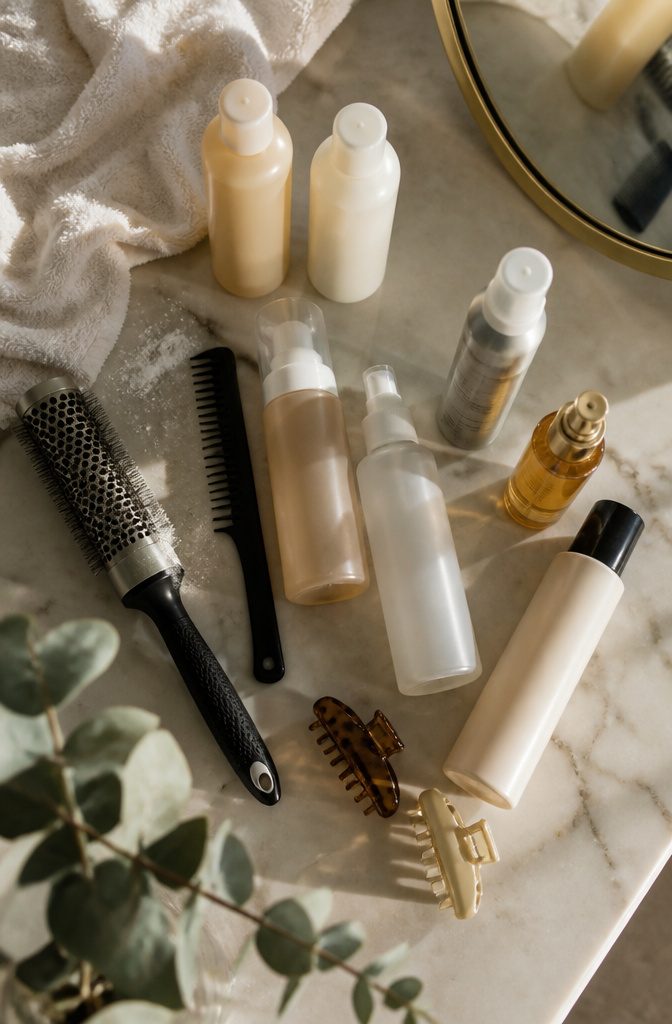 Hair mousse primer and dry shampoo arranged for styling straight hair