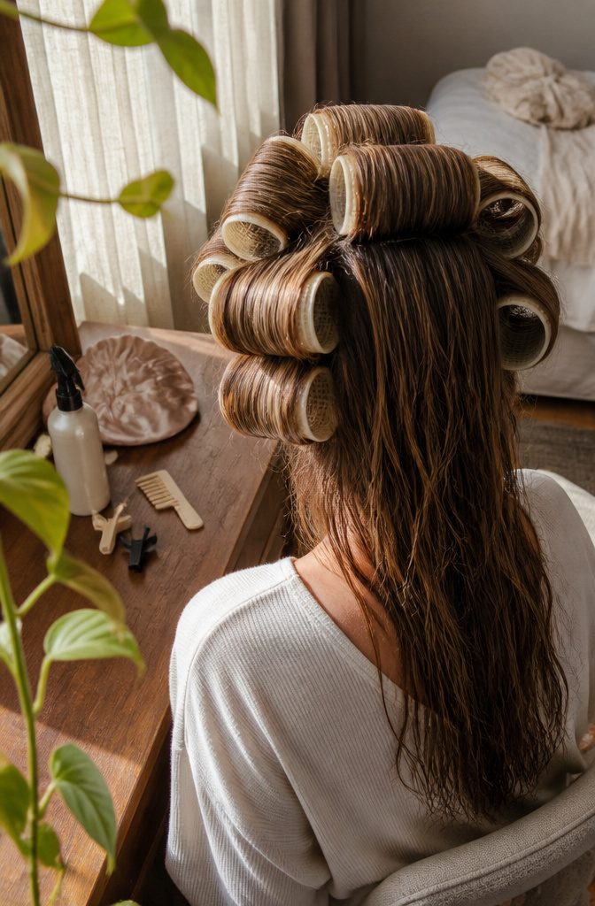 Straight hair wrapped around Velcro rollers near the scalp