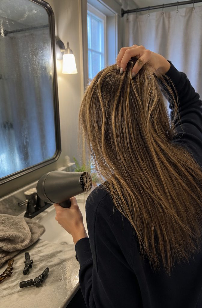 Partially dried straight hair lifted at the roots by fingers and a blow dryer