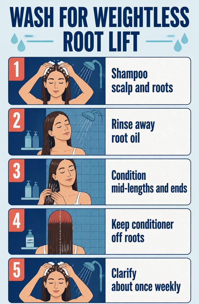 Shampoo and conditioner arranged for a weightless root-lift routine