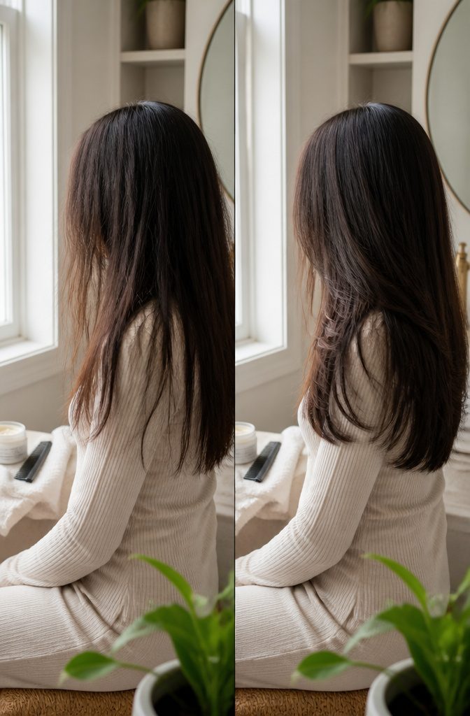 Smooth straight hair with gentle volume and separated strands