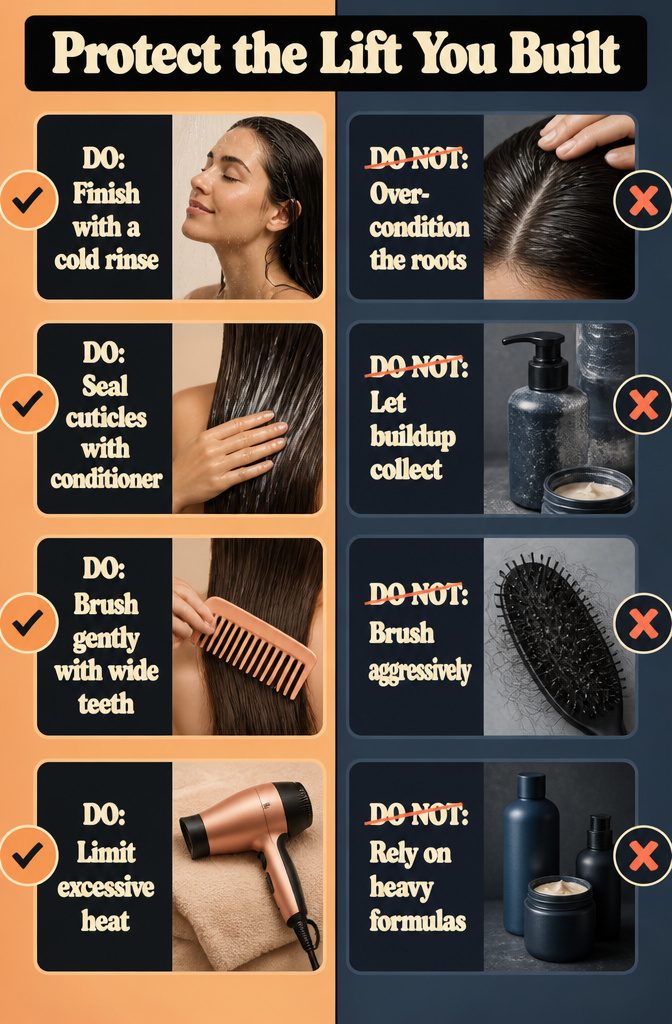 Straight hair tools and products arranged to protect root volume