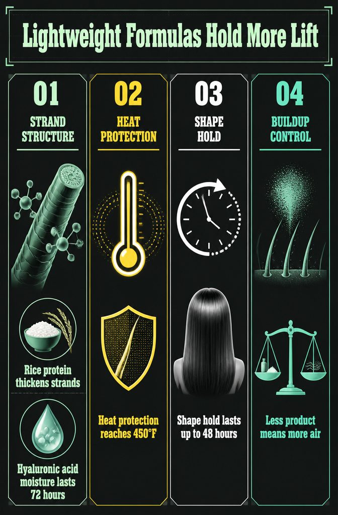 Lightweight hair products arranged for volume and root lift