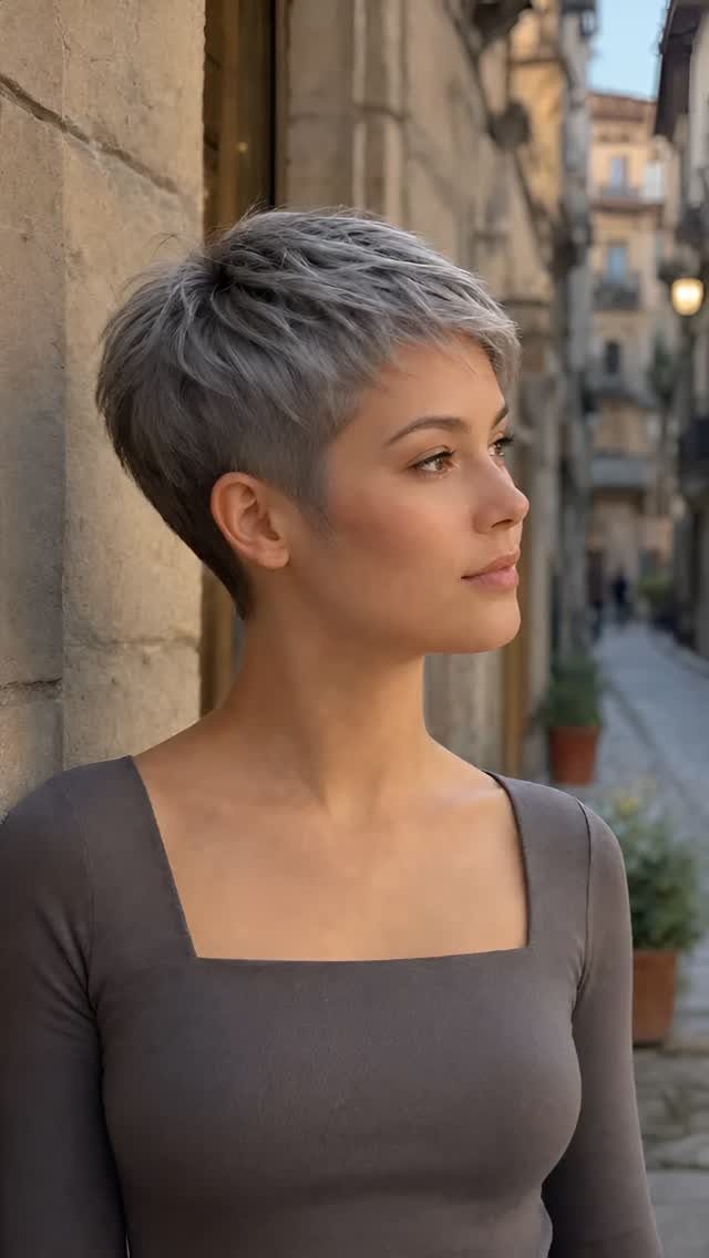 Woman with a short silver-gray crop haircut leaning against a stone wall
