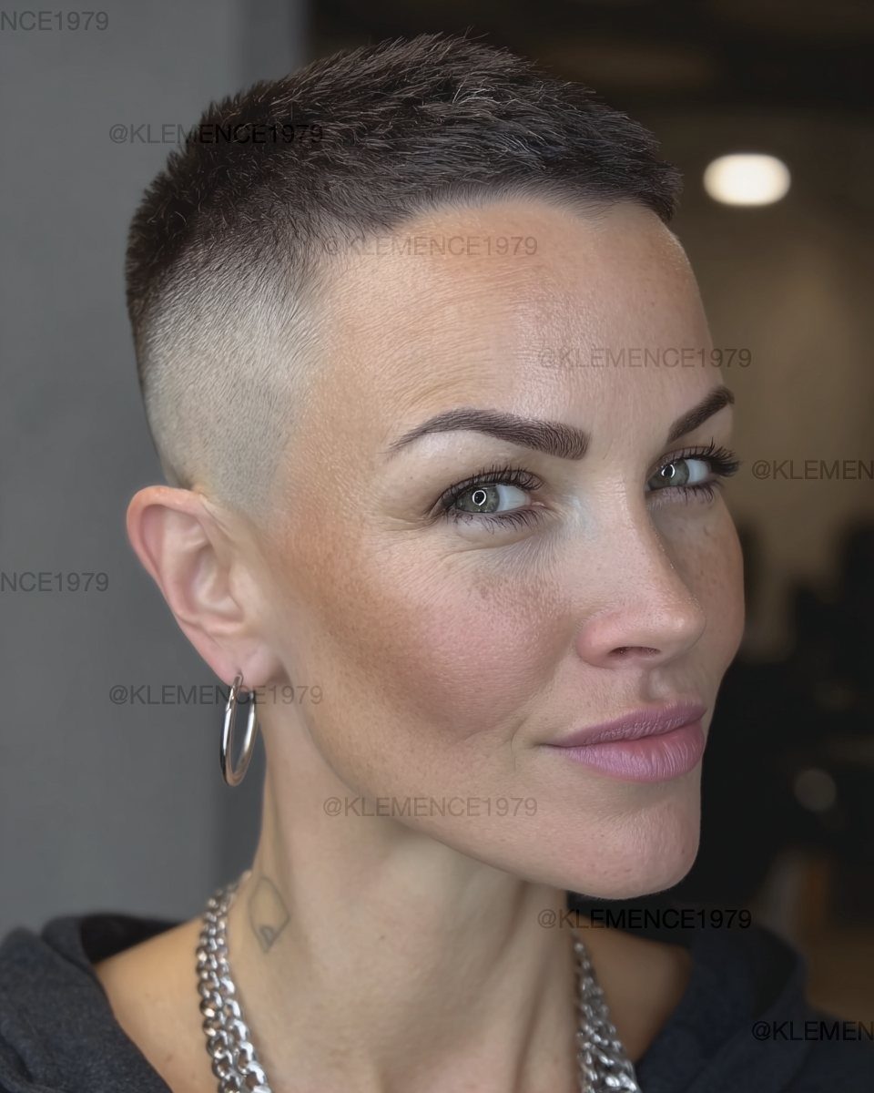 Woman showing a textured crop with closely shaved faded sides