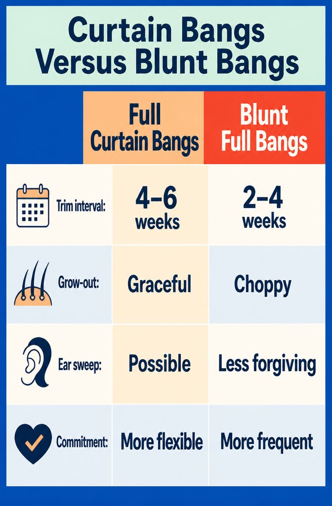 Curtain bangs swept outward beside forehead compared with blunt fringe