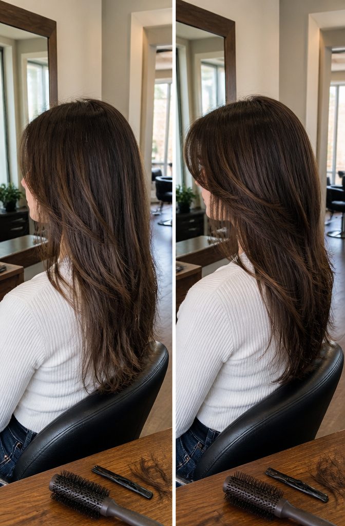 Curtain bangs above cheekbones with longer layers reaching the jaw