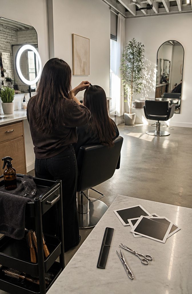 Stylist and client reviewing reference photos for full curtain bangs
